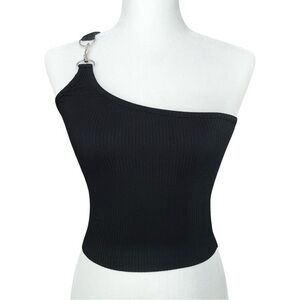 Emma & Sam | One Shoulder Hook Detail Ribbed Tank in Black - Size XS